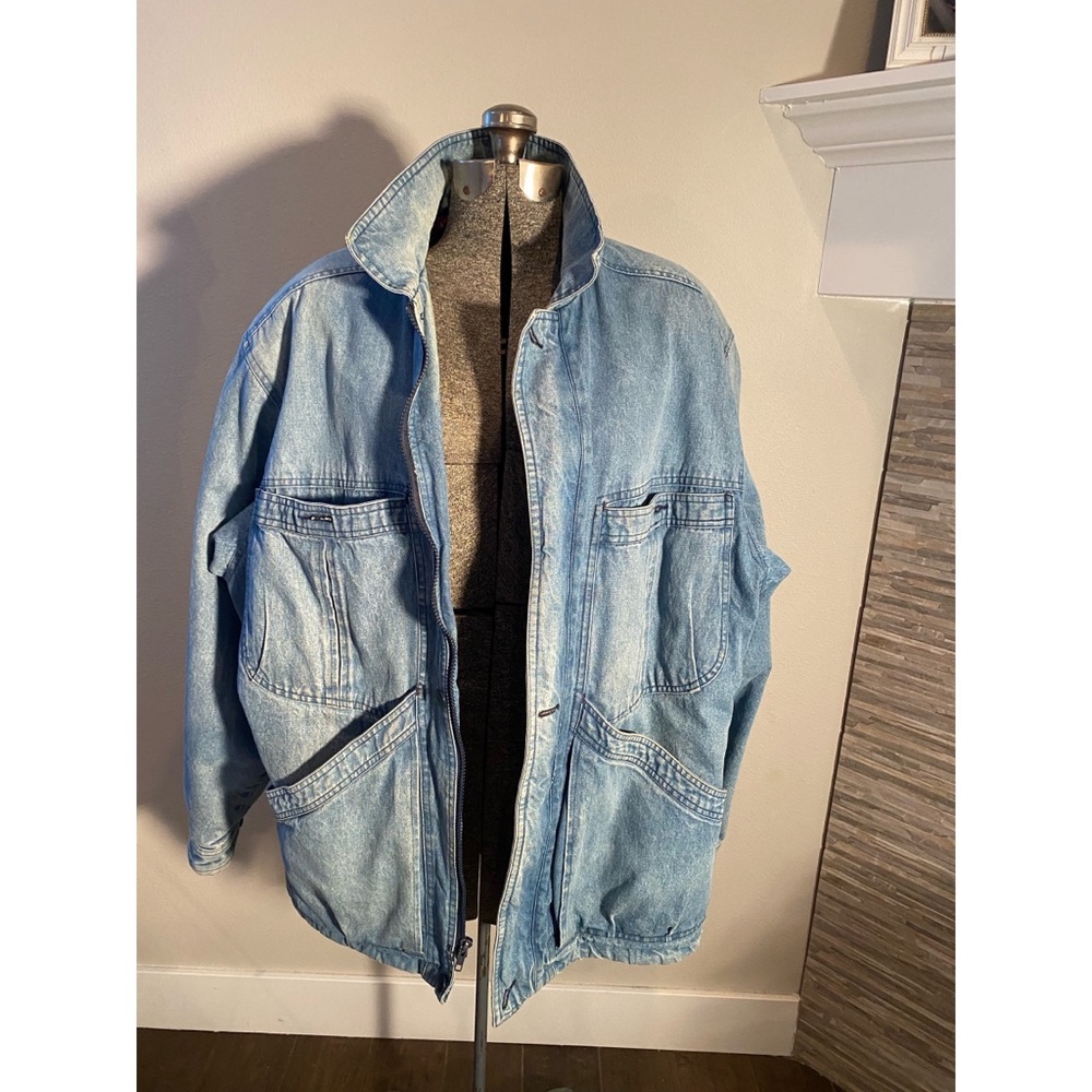 MENS VINTAGE PACIFIC TRAIL OVERSIZED DENIM JACKET FLEECE LINING SIZE L
